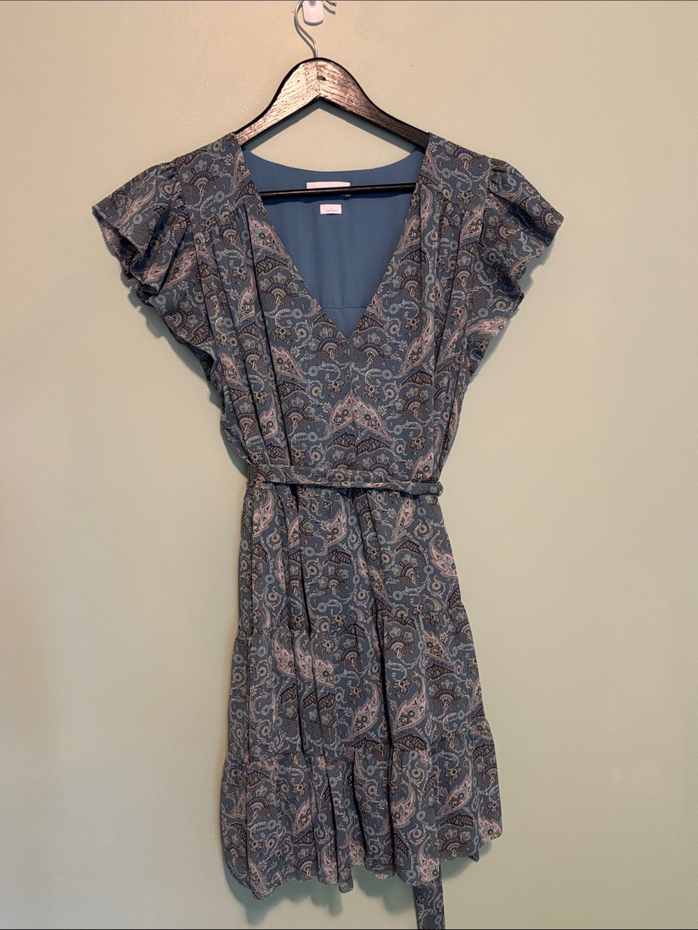 Aritzia Little Moon Blue Paisley V-Neck Flutter Sleeve Dress (Size L)